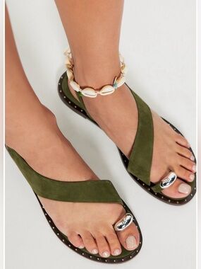 Free People: Carmel by The Sea Green Suede Toe-Loop Sandals